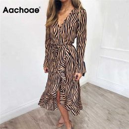 Aachoae Long Robes 2021 Femmes Zebra Imprimé plage bohème maxi robe décontractée manches longues V Ruffles Ruffles Robe Vestide Y1006