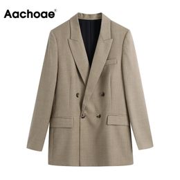 Aachoae Office Casual Double Breasted Khaki Blazer Traje Mujeres Muescas Cuello Elegante Blazers Manga larga Ladies Tops Prendas de abrigo 210930