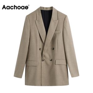 Aachoae Office Casual Double Breasted Khaki Blazer Suit Mujeres con cuello entallado Blazers elegantes Manga larga Ladies Tops prendas de vestir exteriores 211019