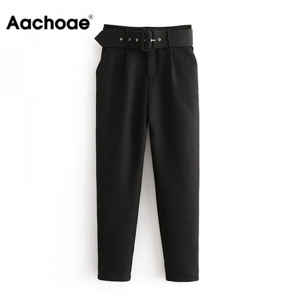 Aachoae Office Lady Pantalon de costume noir avec ceinture Femmes Taille haute Solide Pantalons longs Poches de mode Pantalons Pantalones 201031