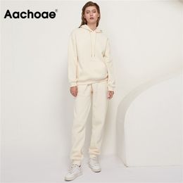 Aachoae solide 100% coton costumes femmes ensemble polaire pull à capuche sweats sweats pantalons décontractés survêtement grande taille 210331