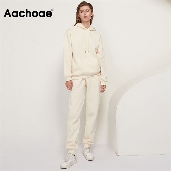 Aachoae solide 100% coton costumes femmes ensemble polaire pull sweat à capuche sweat-shirts pantalons décontractés survêtement grande taille 211007