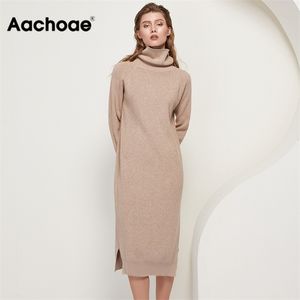 Aachoae Solide Tricoté Longue Robe Femmes Automne Hiver Col Roulé À Manches Longues Robe Pull Lady Split Lâche Casual Robe Robes 210331