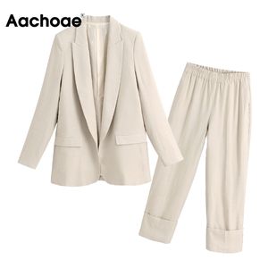 Aachoae Solide Deux Pièces Bureau Porter Costume Blazer Ensemble Femmes À Manches Longues Costume Veste Manteau Avec Taille Haute Wige Leg Cuff Pantalon LJ200907