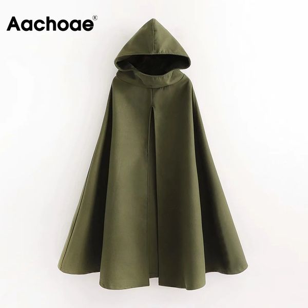 Aachoae Solide Laine Cape Manteau Femmes Plus La Taille Noir Et Vert Armée Couleur Poncho Mi Longueur À Capuche Cape Femme Casual Pull Tops 210413