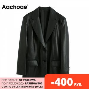 Aachoae Streetwear negro PU Faux Leather Blazer mujer suelta solo pecho Blazers abrigo moda chaqueta de manga larga con bolsillos