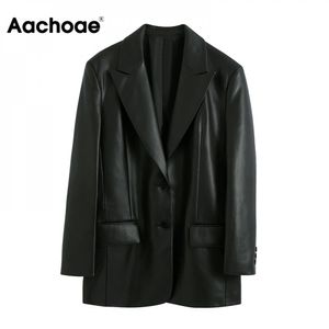Aachoae Streetwear Noir PU Faux Cuir Blazer Femmes Lâche Simple Boutonnage Blazers Manteau Mode Veste À Manches Longues Avec Poches 210413