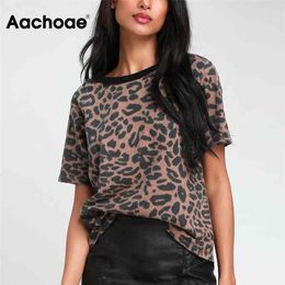 Aachoae verano mujeres leopardo camiseta o cuello moda camiseta femenina manga corta suelta hogar señoras tee tops mujer camisetas s-xl 210623