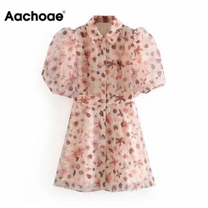 Aachoae Sweet Floral Print Organza Shirt Dress Mujeres Puff manga corta Mini vestido de fiesta Turn Down Collar vestidos de verano 210413