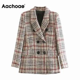 Aachoae Vintage Double Breasted Tweed Blazer Mujeres Manga larga Oficina Señoras Abrigos Chaqueta de cuello con muescas Tops de moda 210413