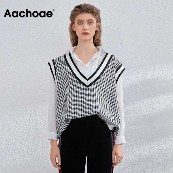 Aachoae Vintage pied-de-poule gilet pull femmes Chic col en V Plaid manches pull hauts décontracté lâche tricoté gilet X0721