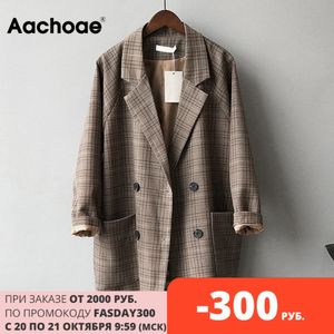 Aachoae Vintage Plaid Blazer Jas voor Vrouwen Losse Office Coat met lange mouwen met zakken Casual Double Breasted Bovenkleding Tops LJ201021
