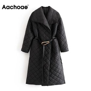Aachoae hiver femmes noir longue Parka avec ceinture mode à manches longues épais chaud manteau femme rembourré veste Chic survêtement 210413