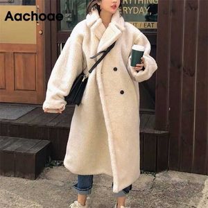 Aachoae Winter Dames Solid Lam Bontjas Lange Mouw Casual Fleece Jack Turn Down Collar Long Teddy Coat Bovenkleding 210927