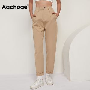 Aachoae Femmes 100% Coton Solide Long Pantalon Élégant Bureau Lady Pantalon Casual Plissée Longue Longueur Crayon Pantalon Femme Pantalone 201031