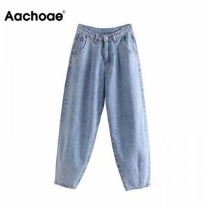 Aachoae vrouwen blauwe harem jeans losse mom jeans hoge taille streetwear vriendjes gewassen denim lange broek bodems slouchy jeans 210302