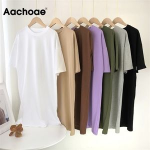 Aachoae Femmes Casual Lâche Solide 100% Coton T-shirt Robe O Cou Mini Batwing Manches Courtes Basic es Robes 210623