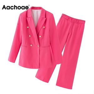 Aachoae femmes Chic Rose costume Blazer ensemble tenue de bureau Double boutonnage Blazer avec décontracté large jambe pantalon 2 pièces tenues 210413