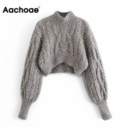 Aachoae femmes mode gris pull court femme décontracté col roulé hauts tricotés lanterne à manches longues Chic pull torsadé 210413