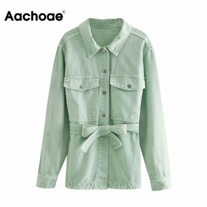 Aachoae Femmes Mode Vert Jeans Veste Avec Ceinture Lâche À Manches Longues Denim Vestes Turn Down Col Streetwear Poches Manteau 210413