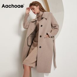 Aachoae femmes Long manteau de laine avec ceinture automne hiver col rabattu bureau dames pardessus simple boutonnage solide manteau 210204