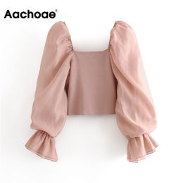 Aachoae, blusa de punto de retazos de Organza para mujer, camisa elástica de manga transparente elegante para mujer, Tops cortos rosas con cuello cuadrado 210413