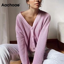 Aachoae Femmes Couleur Pourpre Cardigans tricotés Pull col en V Pulls décontractés de base Femme Lâche Batwing Manches longues Dames Tops 210204