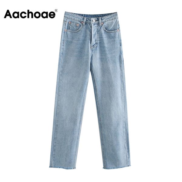 Aachoae Femmes Rétro Couleur Bleu Clair Long Jeans Raw Edge Baggy Denim Pantalon Lady Bouton Fly Straight Casual Mom Jeans Pantalones 210413