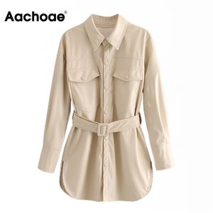 Aachoae Femmes Solid PU Veste en cuir Poches Ceintures Décorer Manteau Femme Turn Down Collier Dames Tops Vêtements d'extérieur Chaqueta Mujer 201030