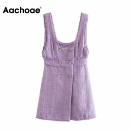 Aachoae Femmes Sweet Spaghetti Sangle Tweed Mini Robes À Double Boutonnage Chic Robe De Soirée Une Ligne Gland Robe Violette Robes 210413