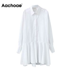 AACHOAE Mujer camisa blanca Mini vestido de giro con cuello de manga larga de manga larga Dama plisada vestido de algodón casual vestido suelto Vestidos LJ200818