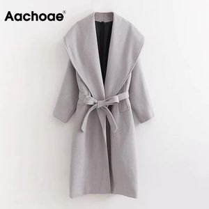 Aachoae Womens Jassen Winter Casual Lange Wollen Jas Vrouwelijke Big Collar Grijze Overjas Batwing Mouw Sjoeve Elegante Bovenkleding 210413