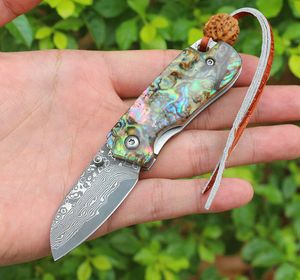 Abalone Mini Keychain Pocket Folding Knife Damascus Blade Abalone Shell stalen handvat Tactical Rescue Hunting EDC Survival Tool Knives 06606