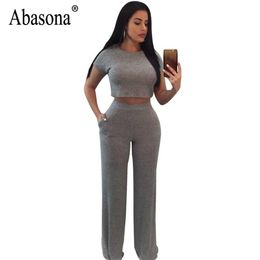 Abasona Vrouwen Jumpsuits Zomer Tweedelige Outfits Casual Korte Mouw Wijde Pijpen Broek Vrouwelijke Rompertjes Jumpsuit Zwart Blauw Grijs247o