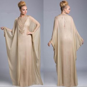 Abaya goedkope champagne dubai islamitische kaftan chiffon crystal arabische avondjurken lange mouwen gerange prom jurk jurken custom mouwen