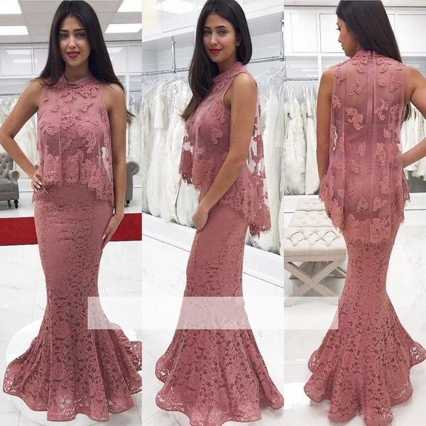 Abaya Dubai Dusty Pink High Neck Full Lace Robes de soirée sans manches avec Cape Elegant Prom Party Celebrity Robes
