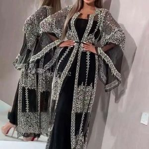 Abaya Dubai Moslimjurk Hoge klasse pailletten borduurwerk kanten ramadan kaftan islam kimono vrouwen zwarte maxi jurken
