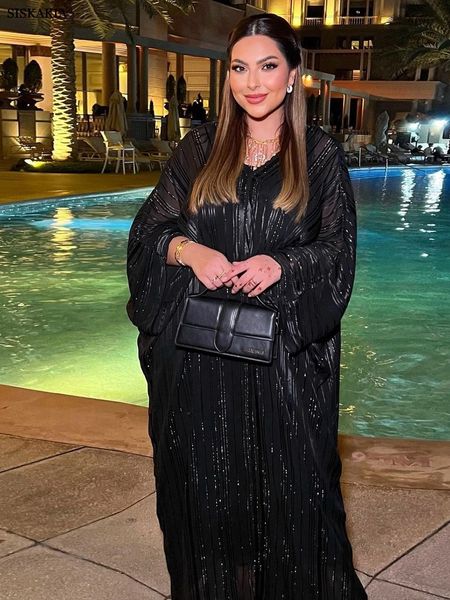 Abaya para mujeres musulmanas Kaftan Dubai tela brillante de lujo vestido de noche con manga de murciélago modesto conjunto de Abaya de 2 piezas 240229