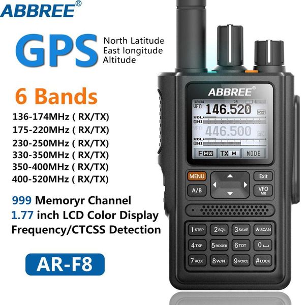 ABRERE AR-F8 GPS Walkie Talkie Haute puissance 136-520MHz Fréquence CTCSS DNS Distection énorme écran LED 10km Long gamme