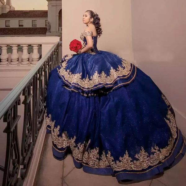 Abendkleid azul marino vestido para quinceañeras apliques dorados vestidos de quinceañeras vestido de graduación vestido bordado mexicano