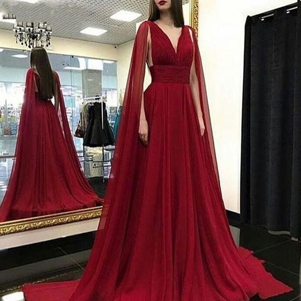 Abendkleider vestido Formal Borgoña sin espalda mujeres elegante gasa cuello en V capa bata velada Dubai árabe musulmán vestidos de noche vestido