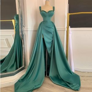 Abendkleider 2022 Groene moslimavondjurk Mermaid Sweetheart Crystal Satin Slit Arabisch Dubai Sexy formele prom jurken lang 298U