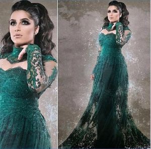 Abendkleider Hunter Green Long Sleeve prom jurk 2023 High Neck Lace Vintage Moslim Arabische vrouwen Formele feestavondjurken Speciale gelegenheid