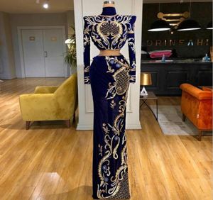 Abendkleider Velvet avondjurken Hoge nek borduurwerk kralen met lange mouwen Royal Blue Prom -jurk twee stukken op maat gemaakte rode loper D5983682