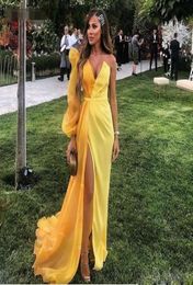 Abendkleider amarillo Dubai vestido de fiesta formal mujeres mangas largas un hombro vestidos de noche elegante hendidura gasa vestido de noche musulmán 1776037