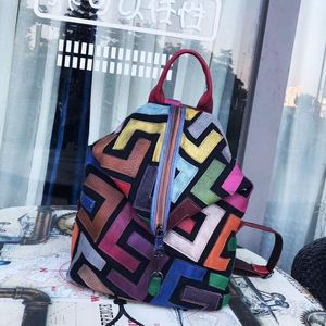 ABER, bolso pintado a mano para mujer, mochila de piel de vaca, novedad de 2020, bolsos Retro de gran capacidad con paneles de cuero auténtico, mochila de viaje