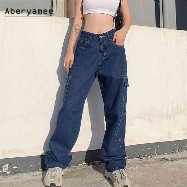 Aberyamee Jeans pour femmes Bouton Pantalon long Pantalon Femme Baggy Jean Casual White Street Denim Vêtements Grandes poches Rétro 210708