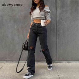 Aberyamee Dames Ripped Jeans Casual 90s Lange Broek High Street Lady Mode Uitloper Solid Button Pockets BF Baggy Broek 211129