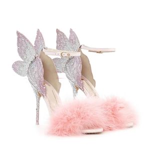 Abesire nouvelles femmes sandales papillon décor rose fourrure Bling talons hauts chaussures d'été pour femmes mode talons aiguilles zapatos mujer 0227