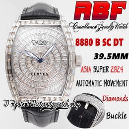 ABF Cintree Curvex abf8880 C D ETA A2824 Montre automatique pour homme Baguette pavée de diamants Boîtier glacé Cadran diamant Cuir noir Str287T